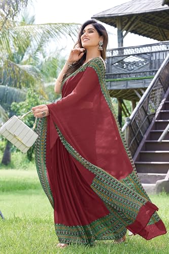 Image of MIRCHI FASHION Saree for Woman Chiffon Georgette Polka Dot Border | Plain Lightweight Women's Sari with Printed Pallu and Blouse Piece