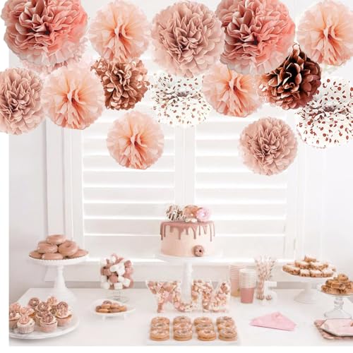 SIPRKAICT Blush Pink Rose Gold Pendurado Papel de Seda Pompons, 12Pcs Pompons Flores para Boho Anive
