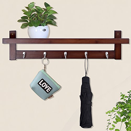 Wooden Hooks for Wall Coat Rack Shelf, Wall-Mounted Bamboo Hook Rack with Upper Shelf for Storage Scandinavian Style for Hallway Bathroom Living Room Bedroom (5 Hooks Brown) - Thumbnail 3