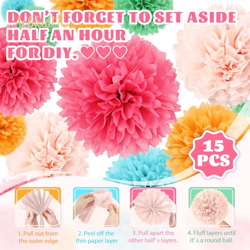Image of AOBKIAT Rainbow Birthday Decorations for Girls Women,15PCS | Colorful Tissue Paper Pom Poms,Paper Garland String,for Candyland Theme Baby Shower Wedding Fiesta Party Hanging Backdrop