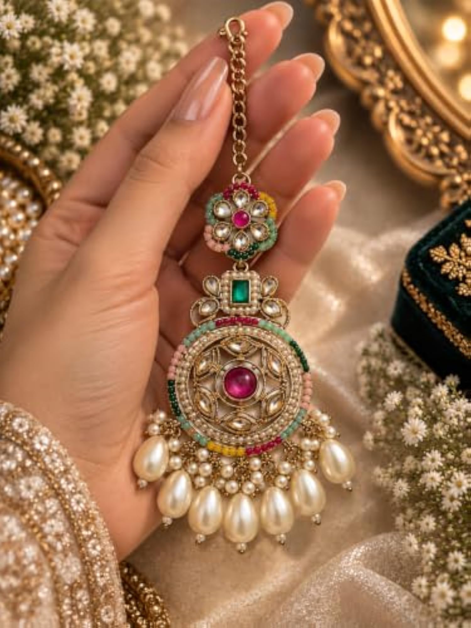 Multicolor Kundan Floral Pearl Maang Tikka
