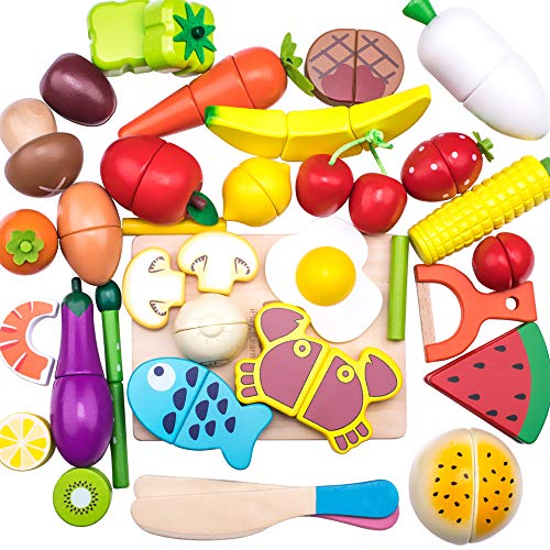 Image of iPlay, iLearn Wooden Pretend Play Food, Cutting Cooking Set W/ Chopping Board, Kitchen Vegetables Fruit Magnetic Toy, Early Learning Educational Gifts for 3, 4, 5, 6 Year Old Kids, Toddler, Boy, Girl