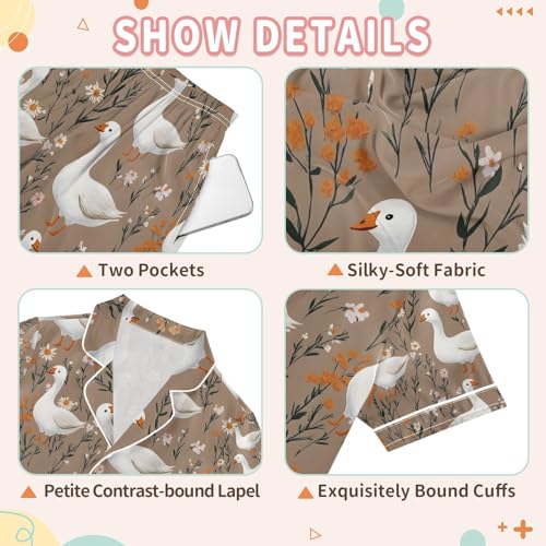 senya Geese in Grass Flower 2 Satin Summer Pajama Sets Silk Short Sleeve Button Down Sleepwear3