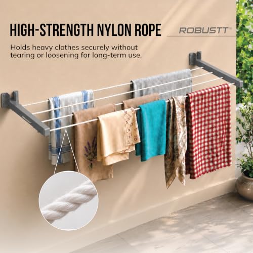 Image of Robustt Wall Mounted Clothes Drying Stand | 55 Ft Drying Space | Heavy-Duty Foldable Powder Coated Metal Arms Cloth Dryer Rack | Space Saving Laundry Hanger for Balcony, Bathroom, Terrace | Grey