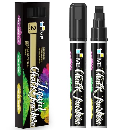 TFIVE Black Liquid Chalk Markers - 2 Pack Jumbo Chalk Pens with 10mm 3 in 1 Nib Wide Tips, Dry & Wet Erase Marker Pens for Glass, Chalkboard, BlackBoard, Windows, Calendar, Pumpkin, Mirror