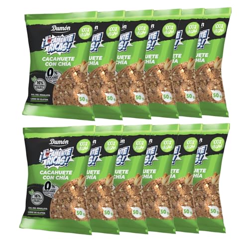 Dumon Galletas veganas 0% azucar 12 Unidades de 50gr, sin lácteos,con ingredientes naturales saludables, sin gluten, deliciosa, nutritiva, sabor irresistible (Cacahuete con Chia)