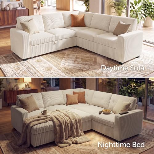 Image of HONBAY Corduroy Sectional Sleeper Sofa with Pull Out Bed, 5 Seaters 83.4 Inch Setional Couch for Living Room Apartment, Beige