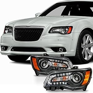 AKKON - For 2011-2014 Chrysler 300 Angel Eye Halogen Type Projector Black Headlights Housing - Pair