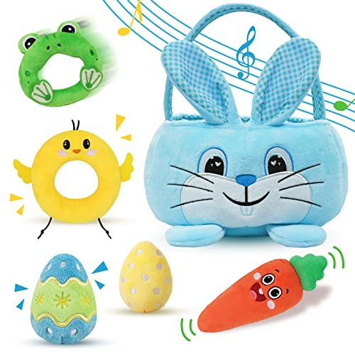 Image of Treory Baby's First Easter Basket Playset, 6ct Stuffed Plush Personalized Easter Basket with Blue Bunny Chick Carrot Egg Frog Baby Easter Basket Stuffers Easter Gifts for Boys Kids Infants Decorations