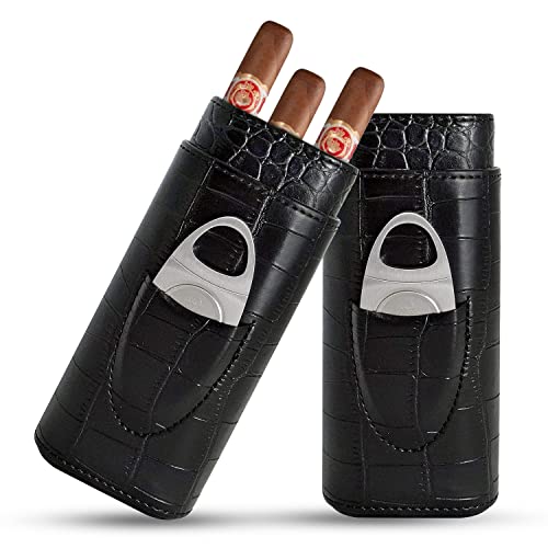 69Bourbons Premium 3 Finger Black Leather Cigar Case for Cigars Up to 52 Ring Gauge Cutter, Portable Pocket Humidor with Stainless Steel Cigar Cutter & Crocodile Skin Pattern, Gift for Smokers, Black
