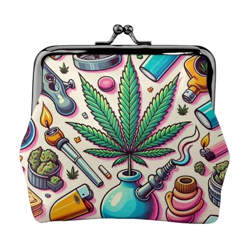 Pu Leather Buckle Coin Purse Marijuana-Leaves-Pots Girls Kiss-Lock Change Purse Wallets