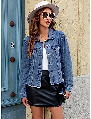 Image of luvamia Denim Jacket for Women Distressed Jean Jackets Button Up Vintage Western Trucker Jacket Frayed Hem Pockets