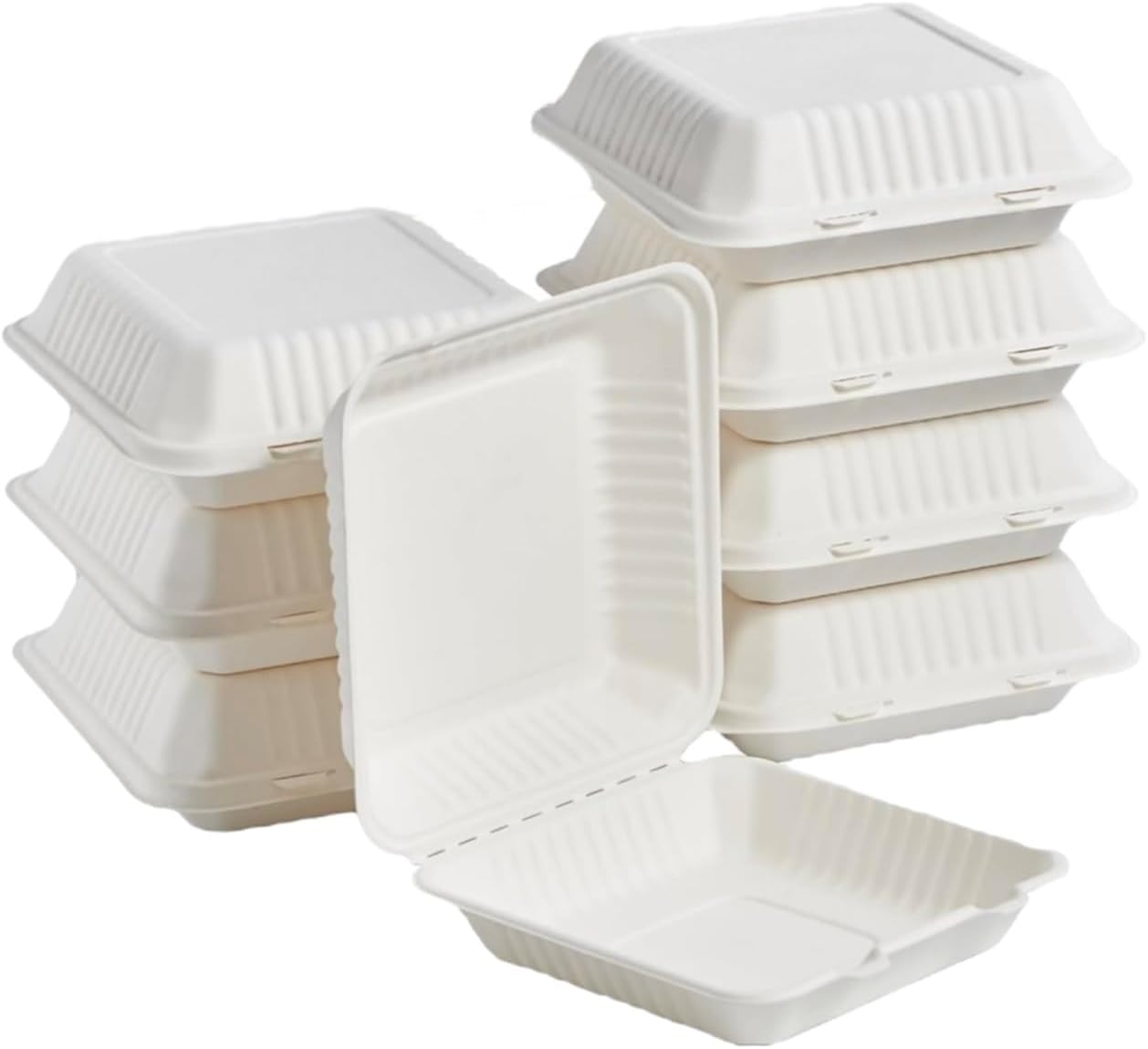 BioGreenPaper Bagasse 9X9 Clamshell With Hinged Lid 100 Pcs |Take-Out Food Boxes,Heavy Duty Compostable,100% Sugarcane,Biodegradable,Disposable,Microwave-Safe.|(Hinged LID, 100 Pack)|