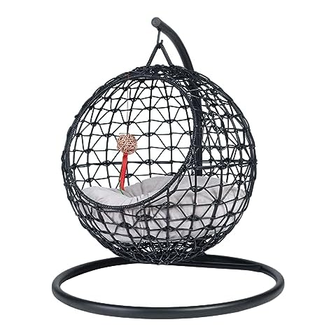 OEHID Rattan Cat Bed, Wicker Cat Pet Hammock with Soft Cushion and Hanging Ball Toy, Handmade Swinging Pet Bed House Nest, Washable Pet Bed Basket Indoor Outdoor for Cat Small Dog Animals, Black Cover