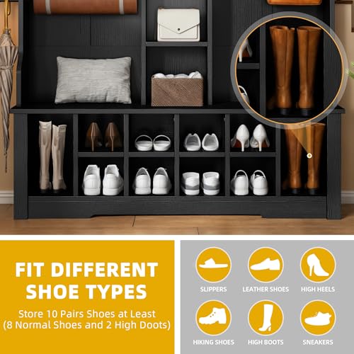 DWVO 59" Wide Hall Tree with Bench and Storage for Hallway Entryway, 10 Shoe Cubbies & 10 Coat Hooks, 4-Tier of Center Storage Open Cabinets, Coat Rack with Space for Bedchamber Living Room (Black)