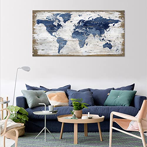 Large Map Of The World Canvas Wall Art Blue World Map Canvas Pictures Painting White Wooden Board Framed Canvas Wall Decor Nautical Artwork Prints For Office Living Room Bedroom Decor 30"X 60" #TOP5