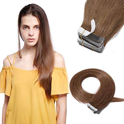 Tape in Hair Extensions 100% Remy Human Hair 16" 18" 20" 22" Double Side Tape Seamless Skin Weft Natural Hair Extensions 40pcs Long Straight Silky for Women and Girls (18 inch 100g,#6 Light Brown)