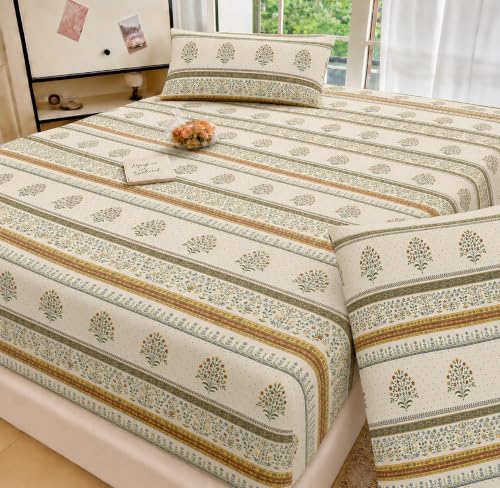 Image of VOMZER King Size (72x78) 300 TC Soft Cotton Feel Microfiber All Around Elastic Fitted Double Bedsheet with 2 Pillow Covers | White Jaipuri