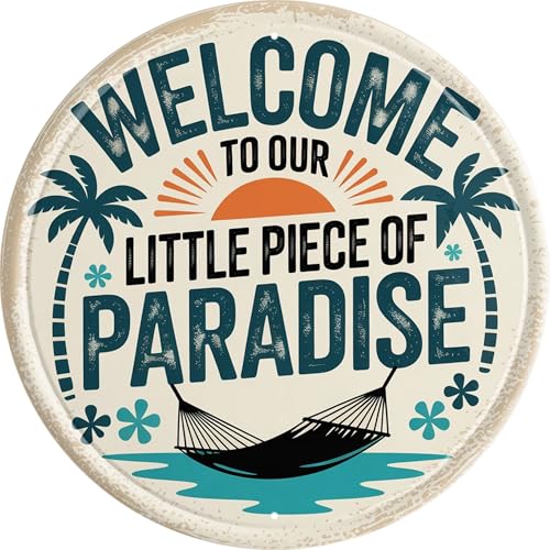 LMDDFZS Little Piece of Paradise Metal Sign 8x8in Round Tropical Plaque for Patio Wall Decor Vacation Gift