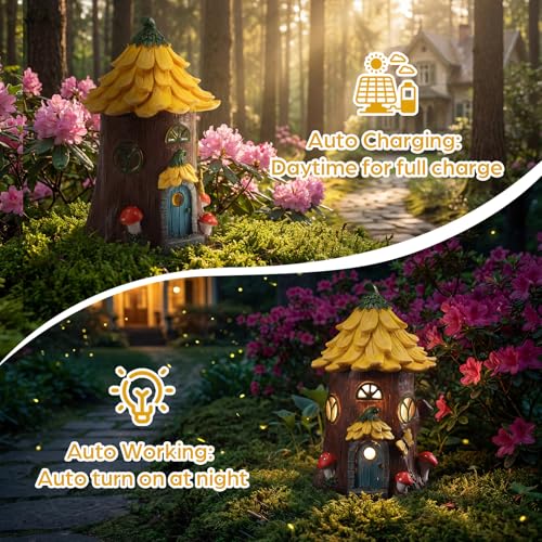 Lavezee Fairy House Outdoor Figurine Lights for Garden Decor, Fairy Garden Houses for Front Porch Patio Backyard Yard Decoration, Birthday Gifts for Mom Women - image 4