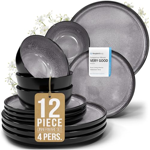 Image of 12 Piece Stoneware Dinnerware Set for 4 - Handmade Reactive Glaze Plates and Bowls Set - Chip & Scratch Resistant Dish Set - Dishwasher Microwave Safe - Dark Gray