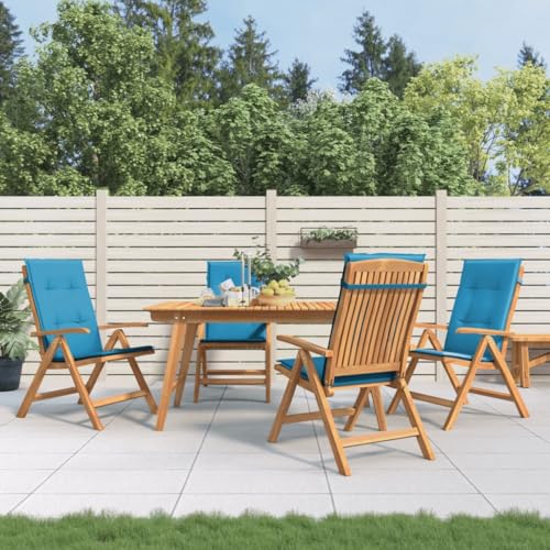 HETFTJN Juego de 4 sillas de jardín plegables de madera de teca maciza, 60 x 74,5 x 104 cm, respaldo ajustable en 6 posiciones, con cojines de poliéster azul, resistente a la intemperie, para balcón