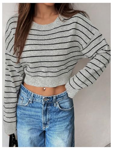 Image of Verdusa Women's Striped Y2k Crop Sweaters Crew Neck Long Sleeve Pullover Knitted Tops