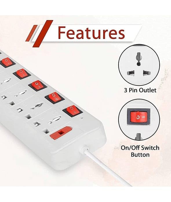 Image of 7 Universal Socket Extension Board with Each 7 Switchs, 3M Long Heavy Copper Wire