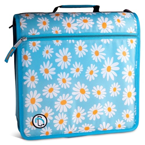 Case-it Mighty Zip Tab School Zipper Binder | 3-Inch O-Rings, 600-Sheet Capacity, 5-Subject Expanding File Folder, Multiple Pockets & Storage Organizer, Shoulder Strap | D-146 Light Blue Daisy