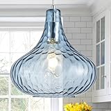 KOKAiZeeKi 11' Blue Hammered Glass Pendant Light - Brushed Nickel Finish Industrial Ceiling Fixture with Blown Glass for Kitchen Island Dining Room Hallway Living Room