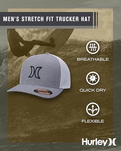 Image of Hurley Mens Trucker Hat - Lightweight Breathable Stretch Mesh Back Curved Bill Baseball Cap with 3D Front Icon Logo