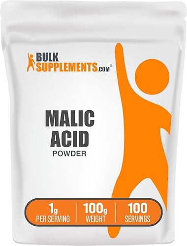 BulkSupplements. com Polvo de ácido málico, ácido L-málico, suplemento dietético, grado alimenticio, puro y sin gluten, 0.04 oz por porción, 100 g