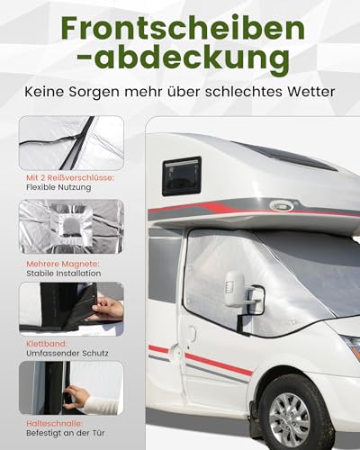 Ezcasch Frontscheibenabdeckung mit Reißverschluss, Umfassender Schutz vor Sonnen, Kalt und Staub, Silberne Scheibenabdeckung für FIAT Ducato Peugeot Boxer Citroen Jumper X250/290 2006-2024