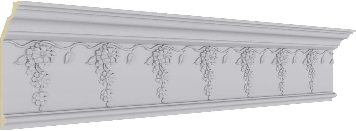 Endurathane Flower Drop Crown Moulding, 7 1/2"H x 3 1/8"P x 8 1/8"F x 94 1/2"L, Factory Primed