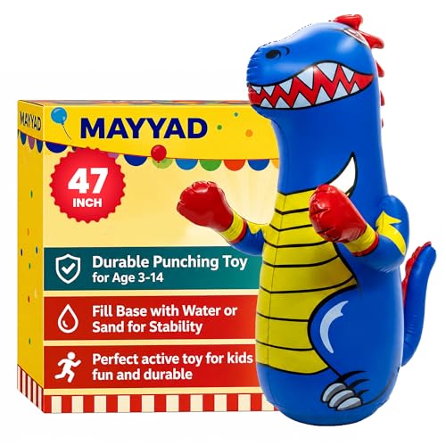 Inflatable Punching Bag for Kids - Blue 47 Inch - Dinosaur Bop Bag Toy with Fast Bounce Back Action - Durable Punching Toy - Fill Base with Water or Sand for Stability - Ages 3-14