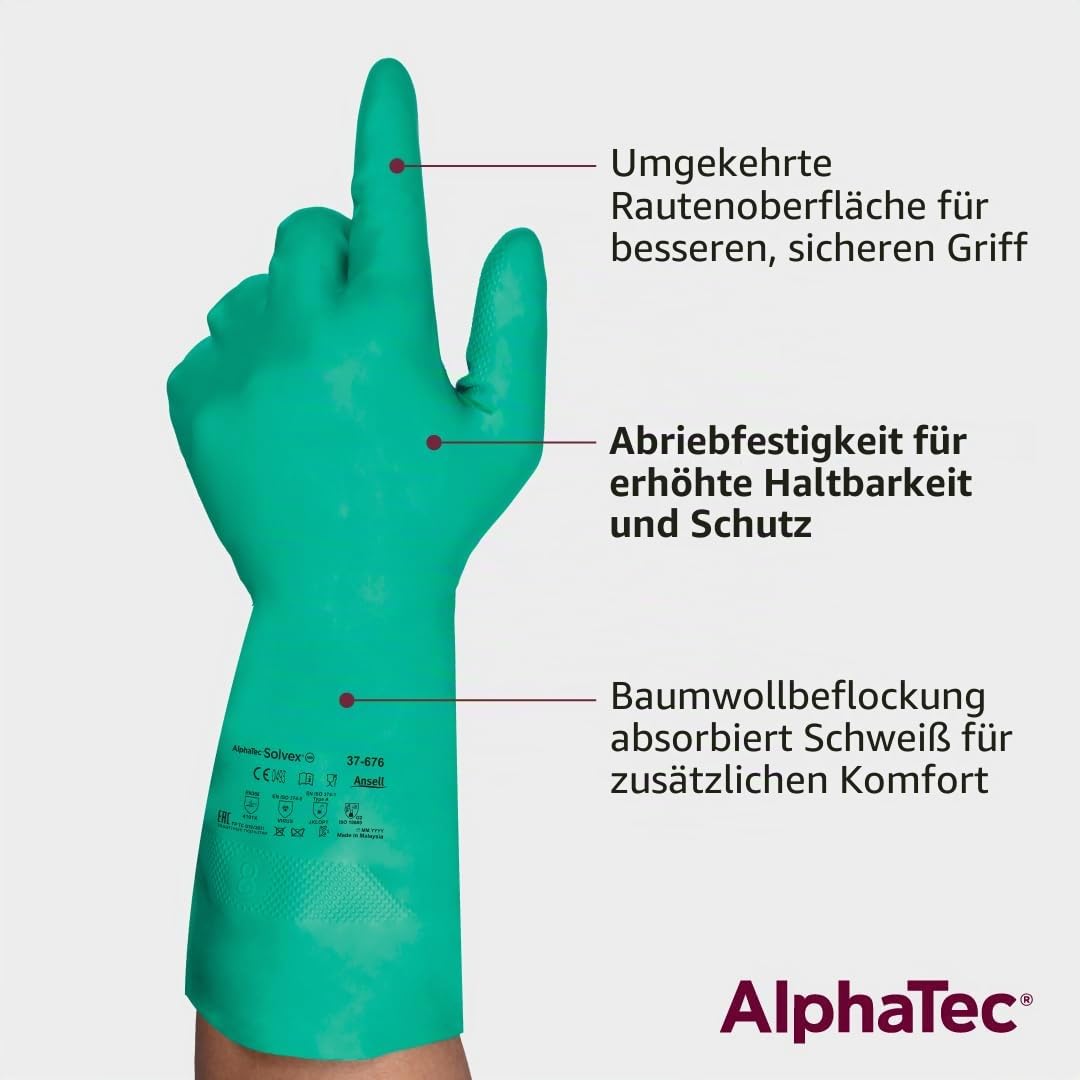 Ansell AlphaTec 37-676 Chemikalienschutz-Handschuhe aus Nitril, Wiederverwendbare Chemie-Handschuhe für Industrie, Lebensmittel Geeignet, Arbeitshandschuhe Latexfrei, Grün, Größe XL (12 Paar)