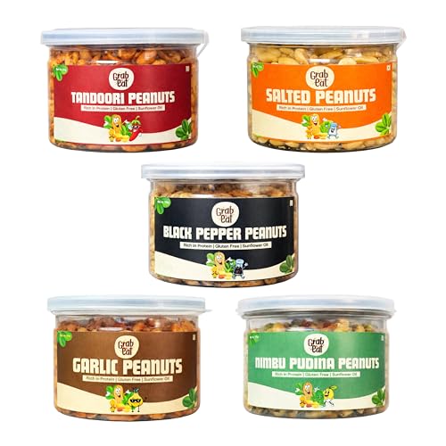 Image of Grab N Eat Flavoured Peanuts Combo Pack of 5 | Nimbu Pudina, Tandoori, Garlic, Black Pepper & Salted | Roasted Crunchy Protein Snack | Healthy Evening Snack | 5 x 125g