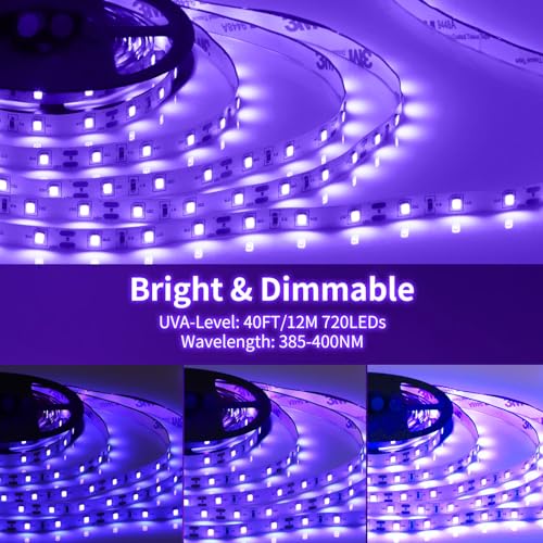 Image of Dimmable Black Light Strip Kit 40ft /12M 720 LEDs, 12V Flexible Blacklight Fixtures, 385nm-400nm, Black Light LED Strips for Glow Party Fluorescent Poster Halloween Indoor Bedroom Decor, Non-Waterproof