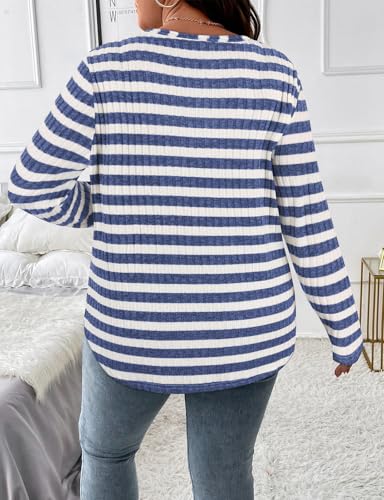 Image of Koscacy Women Plus Size Casual Knit Sweater V Neck Solid Color Tops Lightweight Long Sleeve Blouses