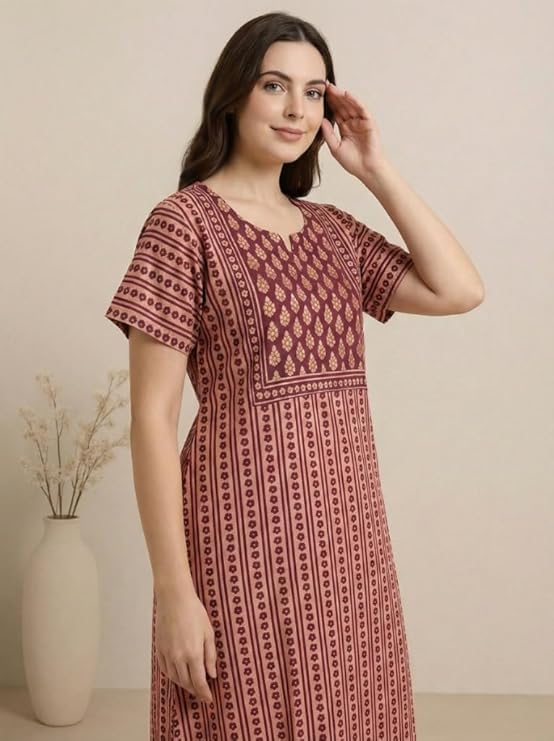 Image of Bahumaan Pure Cotton Nighty for Woman | Night Gown for Women with Pocket, Ideal for Loungewear | Maxi Nighty for Women Cotton (1, Pink, L-Bust-44)