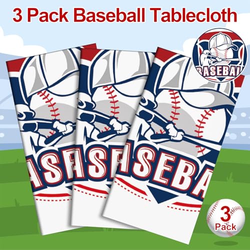 Image of NatNarr 3 Pack Plastic Baseball Tablecloth, 54 x 108 Inch Disposable PE Baseball Party Tablecloth Waterproof Rectangle Baseball Theme Party Table Cover for Baseball Party Decorations