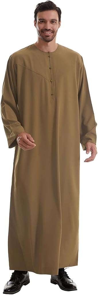 Muslim Long Sleeves Thobe for Men Arabic Button Round Collar Mens Arab Thobe with Pocket