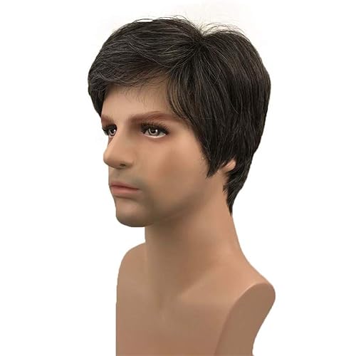 Miniatura 9 de Aimole Pelucas para hombre, pelo corto y lacio, mezcla marrón, peluca completa sintética natural