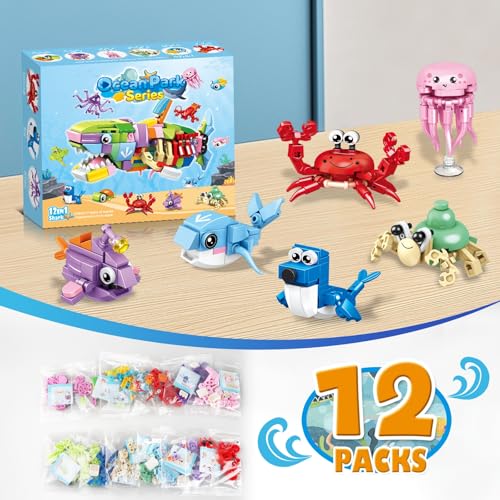 Image of HIGH GODO 12 Pack Party Favors Building Set, 12 in 1 Shark Marine Animals Building Blocks Toy for Goodie Bag Stuffers Party Gifts, Easter Birthday Gift for Teens 14+ (353pcs)