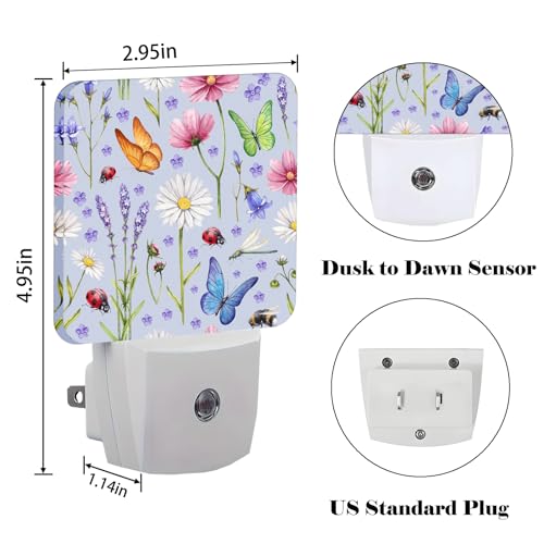 Image of Wild Flowers and Insects Butterflies Night Light,Plug Into Wall for Boys Girls Bedroom Decorative Square Night Light Lamp 0.5w Sleep Friendly