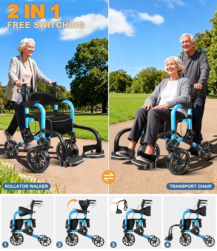 Image of Foldable Rollator Walker with Seat for Seniors,Lightweight 2-in-1 Rolling Walkers and Wheelchair Combo with Adjustable Handle Height,Transport Chair with Brakes 300 lbs Weight Capacity