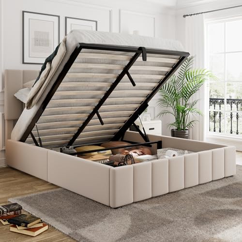 Merax-Gas-Lift-Up-Storage-Platform-Bed-Upholstered-Bed-Frame-with-Hydraulic-Storage-System-and-Wooden-Slat-Support-Queen-Size-Beige