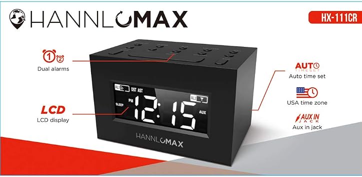 HANNLOMAX HX-111CR Alarm Clock Radio, AM/FM, Auto DST (Black)
