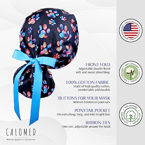 Image of Scrub Cap for Women and Men, Ponytail Scrub Caps, Working Hat, Head Cover with Ribbon Ties and Buttons, Long Hair