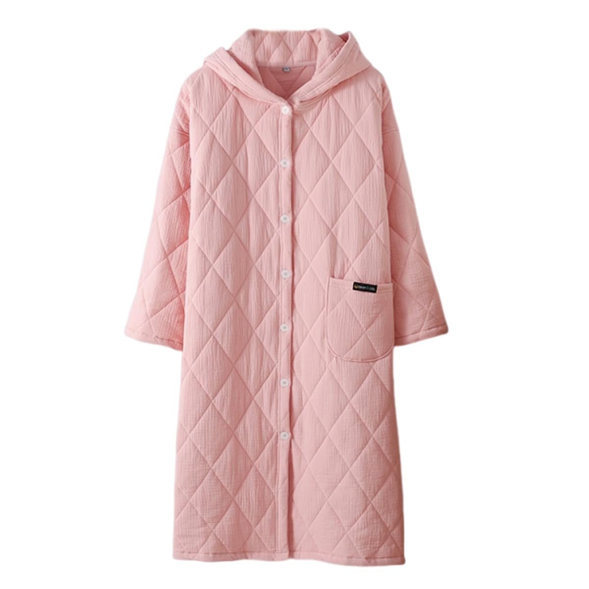 Damski szlafrok z kapturem pikowany wykonany w 100% z bawełny luźny ciepły zapinany na guziki długi szlafrok spa zimowy unisex swobodny domowy,Pink,XL